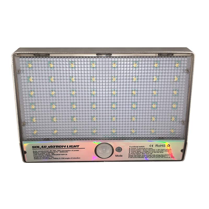 LED Solar Powered 4 Watt Aluminum Motion Sensor Light, 600 Lumens, 48 LED's, IP65, Dimmable, ID-959