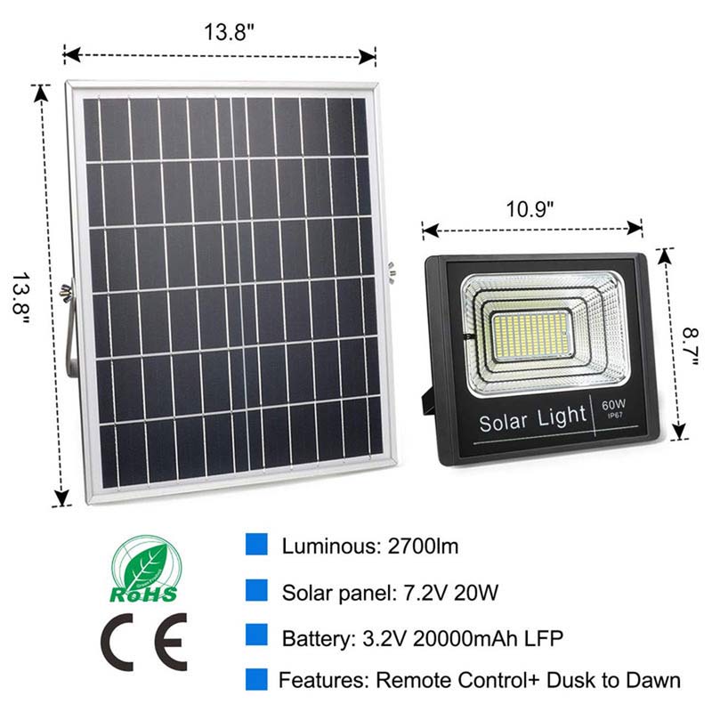 LED 60 Watt Solar Powered Flood Light, High Output, 2,700 Lumens With Solar Panel, Dimmable Dusk To Dawn On Off Sensor, IP67, ID-955