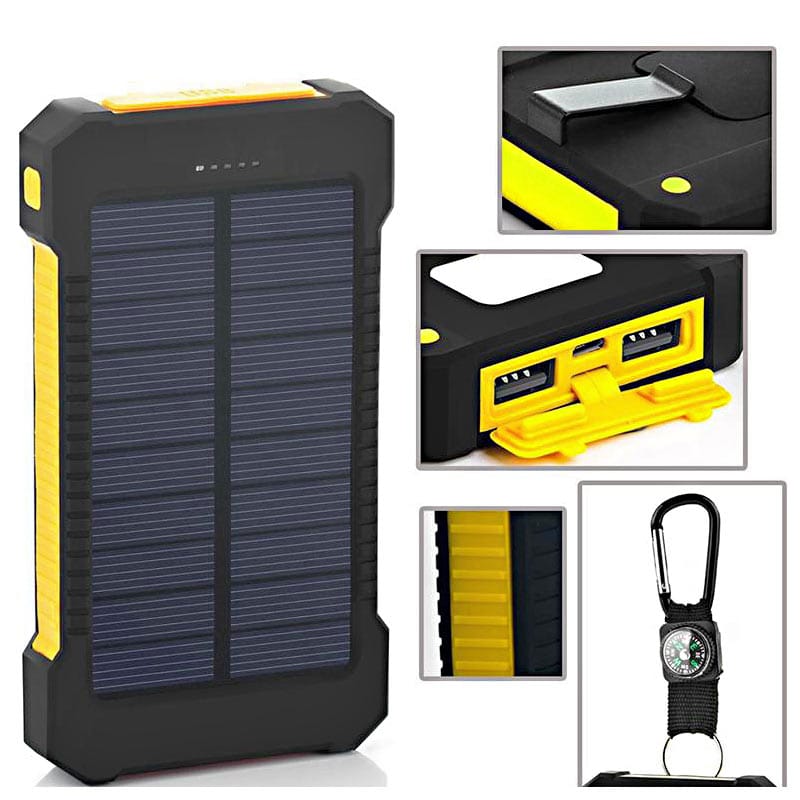 Solar Powered Device Charger With Flashlight, Dual Charging Ports, 20,000 mah, Compass Key Chain, Waterproof, Drop Resistant, ID-1053