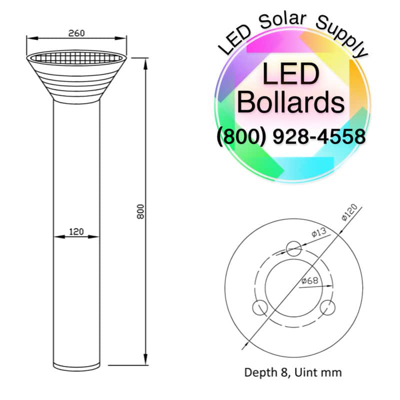 Bollard Solar Powered LED Fixture, Comparable to 50 Watt Halogen, 385 Lumens, ID-1096